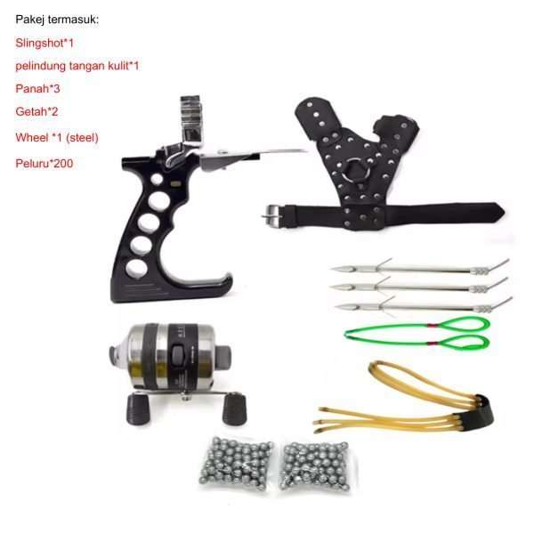 Competitive hunting slingshot can be equipped with a fishing reel and swim bladder.  14.